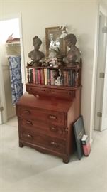 Lillian Russell Collection, Davis Chair Company secretary desk with automatic desktop braces & bookshelf, books, decor 