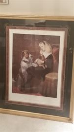 Classic Victorian girl & Newfoundland dog, framed, large size