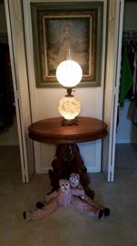 Vintage Victorian entry table, double globe glass table lamp, "Pinkie" framed artwork, large size, 2 clown door draft stoppers