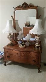 Massive Victorian vintage oak dresser, beautiful wood applique above the mirror, 2 large ceramic & metal table lamps, 2 smaller opaque glass lamps, Royal Crown - J. Bynum birds figurine 