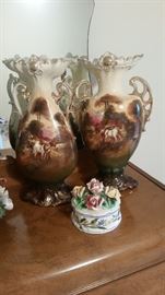 Detail on English mantle urns & Italian ceramic box