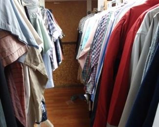 A lot of men's clothes and shoes, shorts and swim suits.
Various sizes medium to XXL
Most large and XL. 
