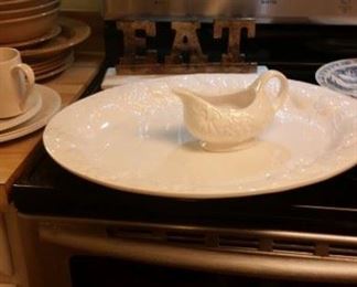 Turkey platter & gravy boat, "EAT" sign on marble