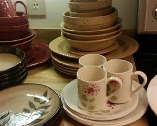 Yellow ceramic dish set, Corning dishes & cups