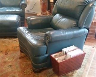 Century Furniture leather club chair recliners, one matching leather ottoman, magazine rack SOLD, 3 large candlesticks  & pillar candles