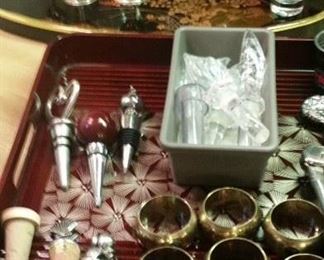 Wine bottle stoppers, napkin rings, serving tray SOLD