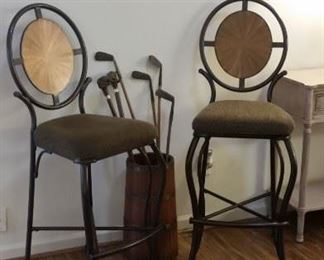 Matching barstools with metal backs, vintage butter churn, 2 canes SOLD, 4 older golf clubs, 2 are SOLD