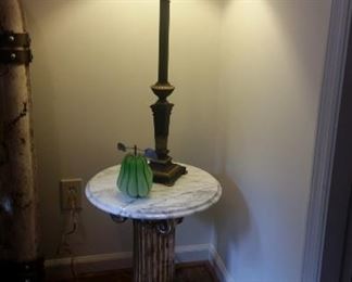 Column base with Italian marble top SOLD, pear candle SOLD, table lamp 