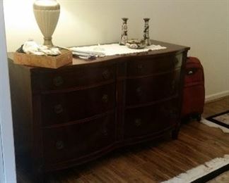 Vintage dresser, table lamp, 2 ceramic candlesticks & covered pin box SOLD