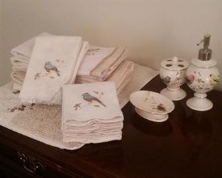 Bird motif bathroom accessories-towels SOLD