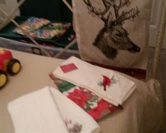 Christmas linens, Joy towels SOLD, reindeer runner SOLD
