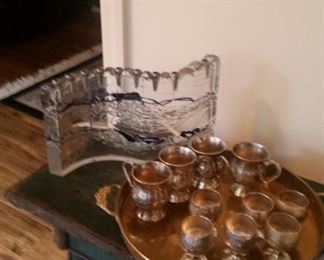 4 silver mugs, 6 small silver goblets, brass tray, glass menorah 