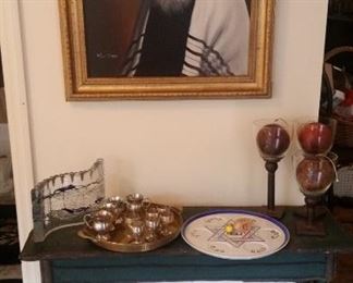 Judaica including Seder plate, menorah, 2 small dredls SOLD, & framed portrait "The Old Man"