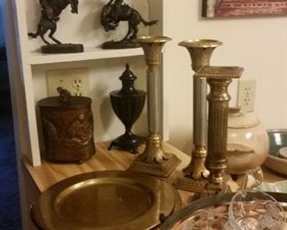 2 brass trays, 3 large metal candlesticks, wall decor SOLD