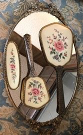 Hand Embroidered Silver Hair Brush/Mirror Set