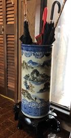 Oriental Umbrella Stand on Wooden Pedestal