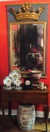 Antique English Console, Clock, Imari Porcelain, Famille Rose Garden Stool