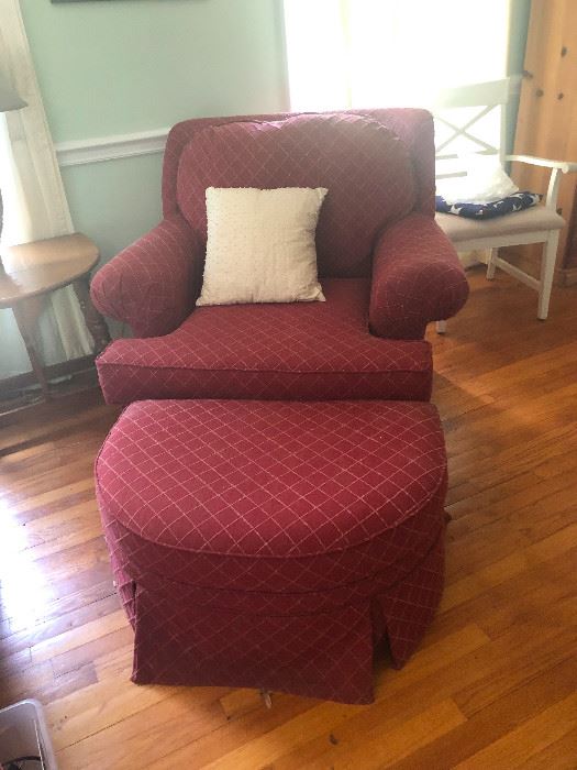 upholstered arm chair and ottoman