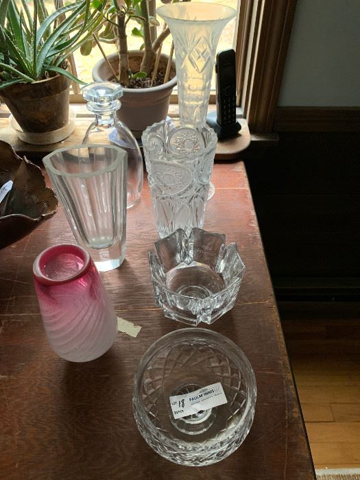 Six crystal pieces and 1 cranberry swirl vase