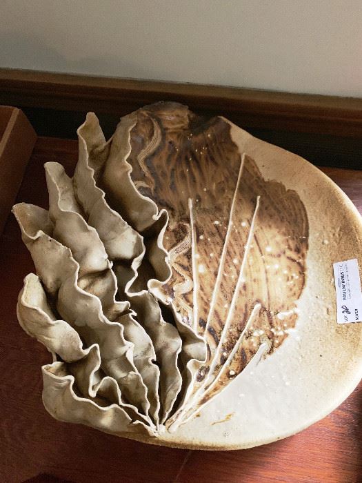 Art pottery shell form dish, 15" wide