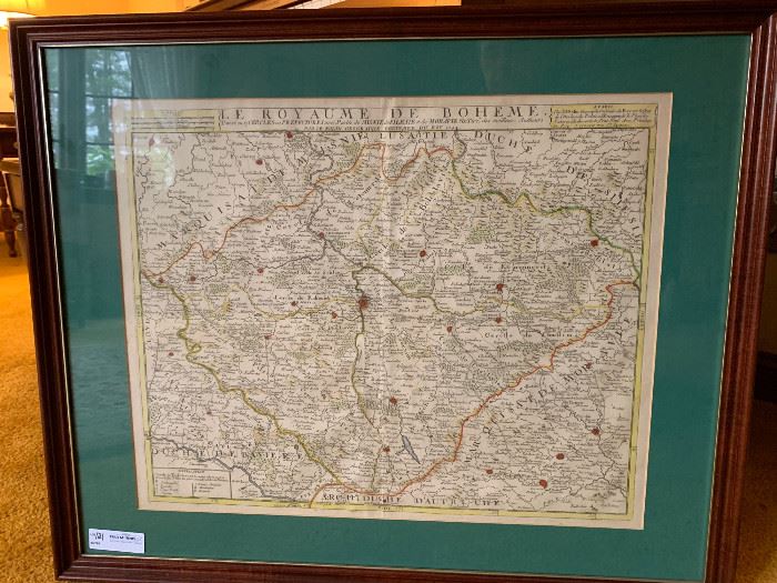 Early framed map Le Royaume de Boheme by J.B. Nolin dated 1742, 18” x 22”