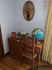 Lot - desk, chair, globe, oval floral picture and a typewriter