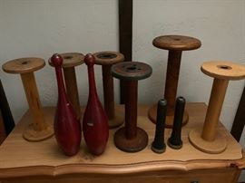 Child's school desk and chair and a lot of spools