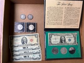 The Silver Story along with (4) $2.00 bills, 2 Kennedy commemorative half dollars, a Centennial of the State of Illinois 1918 half dollar and a commemorative half dollar