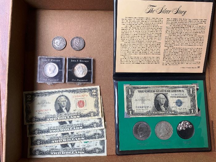 The Silver Story along with (4) $2.00 bills, 2 Kennedy commemorative half dollars, a Centennial of the State of Illinois 1918 half dollar and a commemorative half dollar