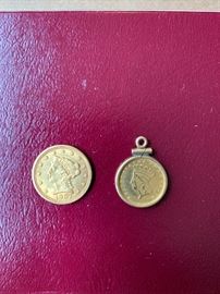 1907 2 1/2 Dollar gold coin along with an 1874 1 Dollar gold coin