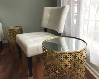 White Leather Side Chair and Mirrored Top End Table
