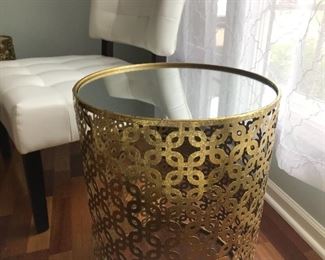 White Leather Side Chair and Mirrored Top End Table