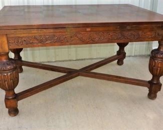 Vintage draw leaf dining table with marquetry top