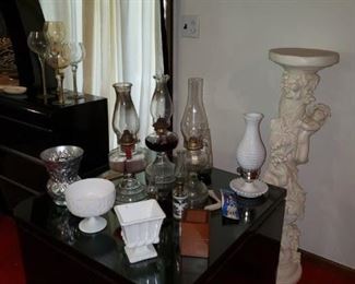 Oil lamps, plant stand, table 