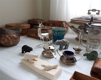 Cobalt salt dips, Inuit art bone carvings, antique enamel top porcelain beer stein Germany, German hand blown deer ornament and JT Abernathy cup