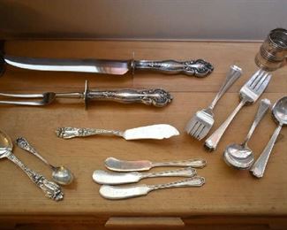 STERLING-8 FORKS, 9 SPOONS, CARVING SET, INDIVIDUAL PIECES, NAPKIN RINGS