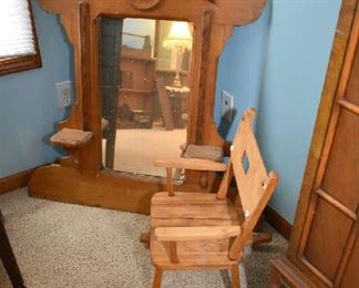 ANTIQUE MIRROR, CHILD’S ROCKER