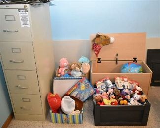 FILE CABINET, STUFFED ANIMALS, TOY BOX