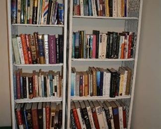 WICKER BOOKCASES, BOOKS