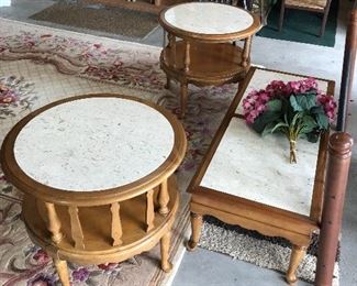 Pair of round marble top End tables and matching marble top coffee table