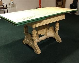 Enamel top table with decorative wooden Base