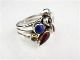Silver & Multi-Color Gemstone Ring, Size 9
