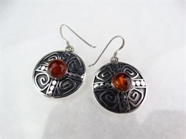 Silver Amber Disc Earrings