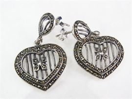 Sterling Silver Marcasite Heart Dangle Earrings