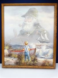 Resembles Old Man and the Sealike Framed, Signed Oil Painting