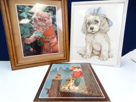 Trio of Cute Dog Cat Framed Art Pieces