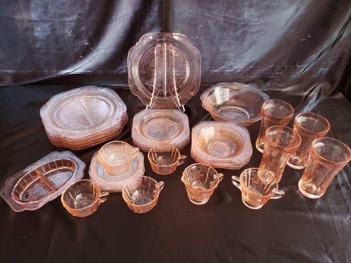Etched Pink Glass Dinner Set for Four