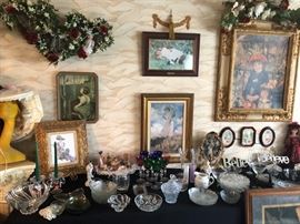 Vintage wooden frames. Victorian hats, Waterford crystal.