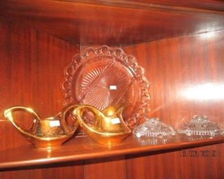 GOLD PLATED HULL SUGAR AND CREAMER AND MISC DEPRESSION GLASS