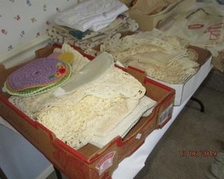 LINENS INCLUDING HAND CROCHETED DOILIES AND DRESSER SCARVES